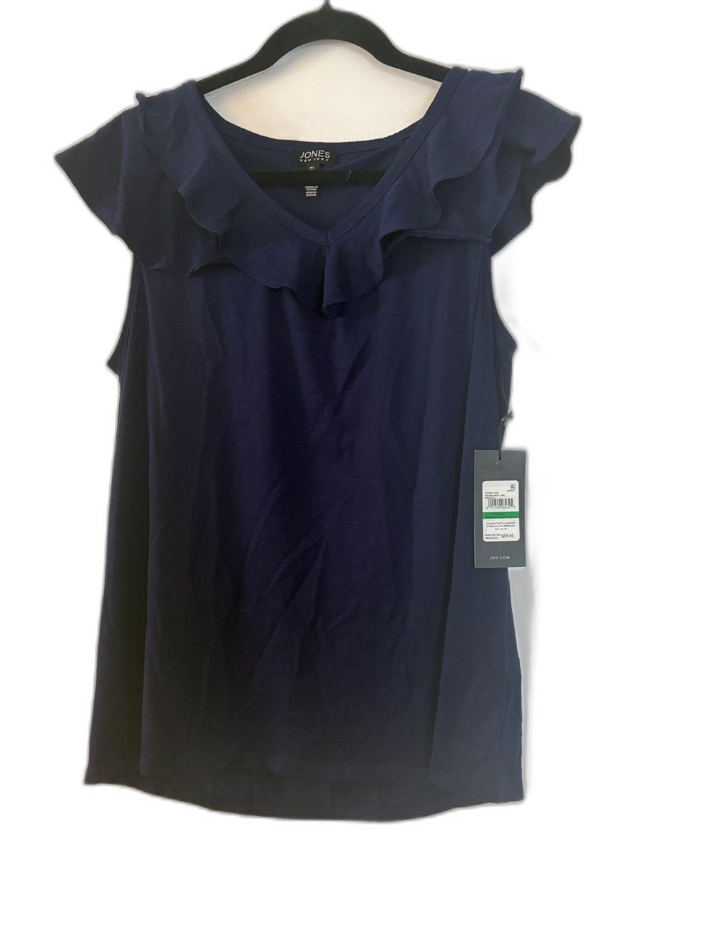 NWT Jones New York Women's Pacific Navy Ruffle Neck Cap Sleeve Top Size Large L
